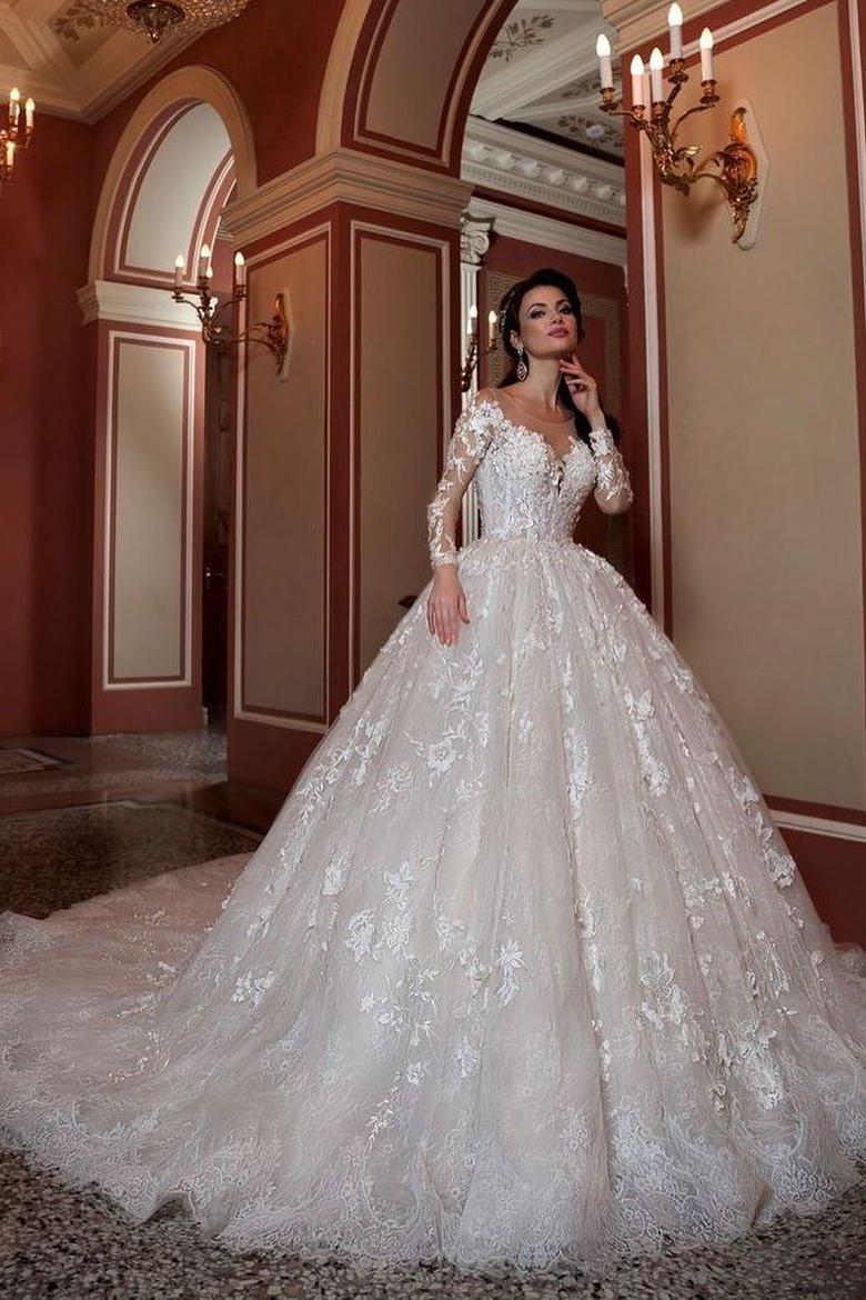 A-Line Long Sleeves Bateau Beading Train Wedding Dress with Appliques Lace-BallBride