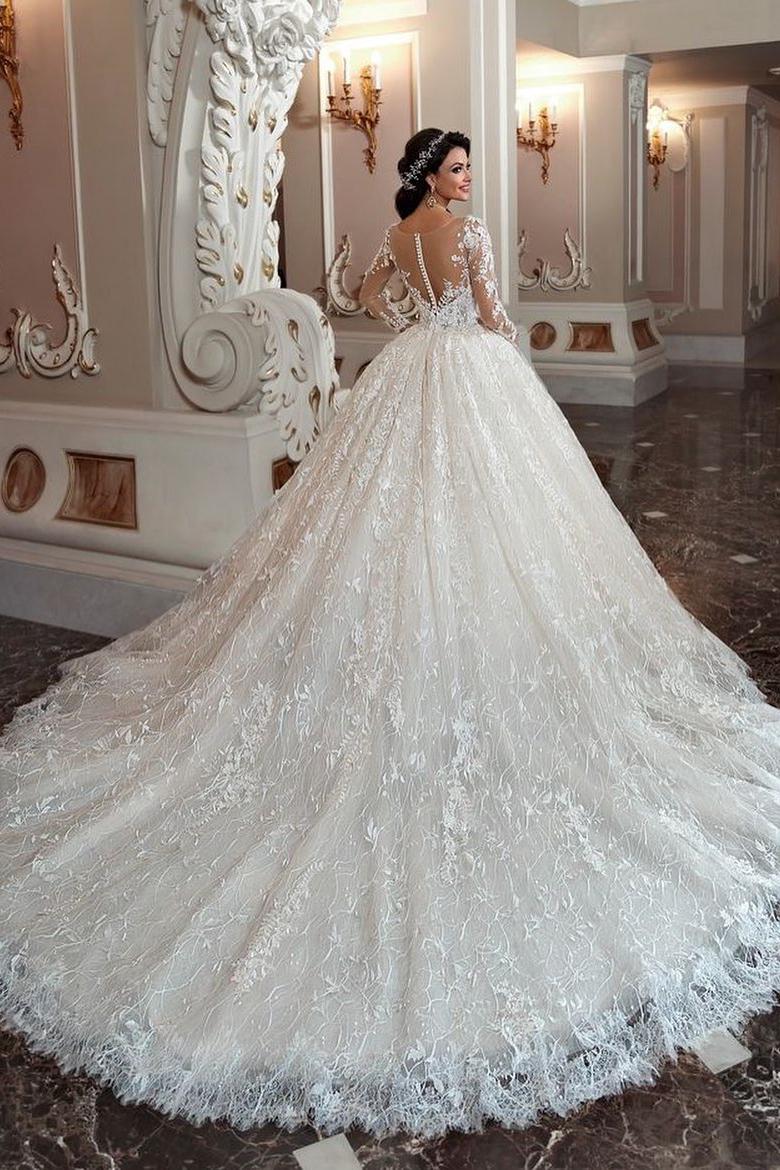 A-Line Long Sleeves Bateau Beading Train Wedding Dress with Appliques Lace-BallBride