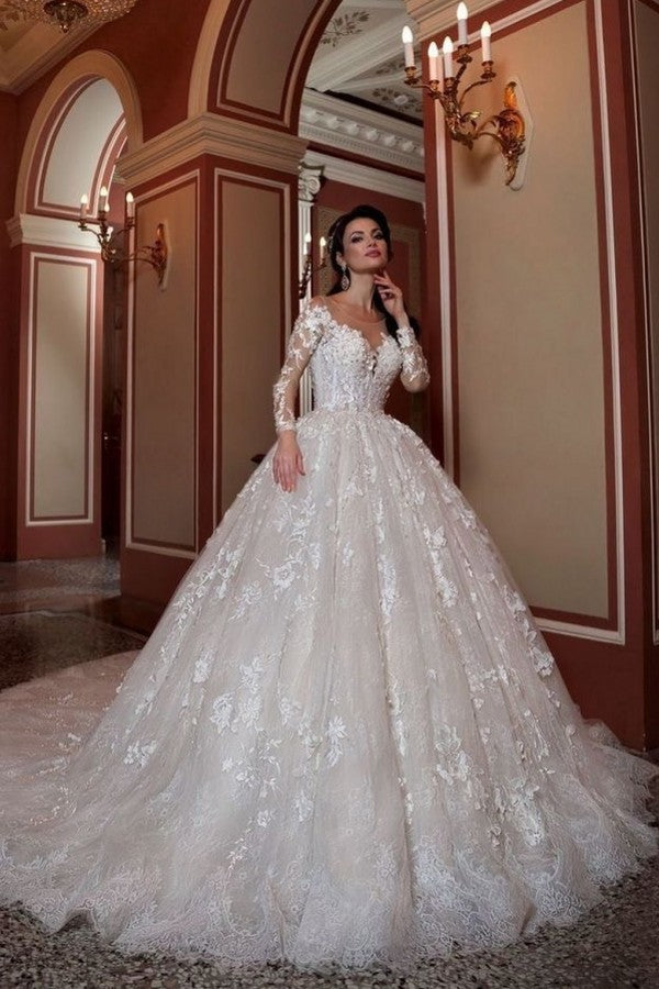 A-Line Long Sleeves Bateau Beading Train Wedding Dress with Appliques Lace-BallBride