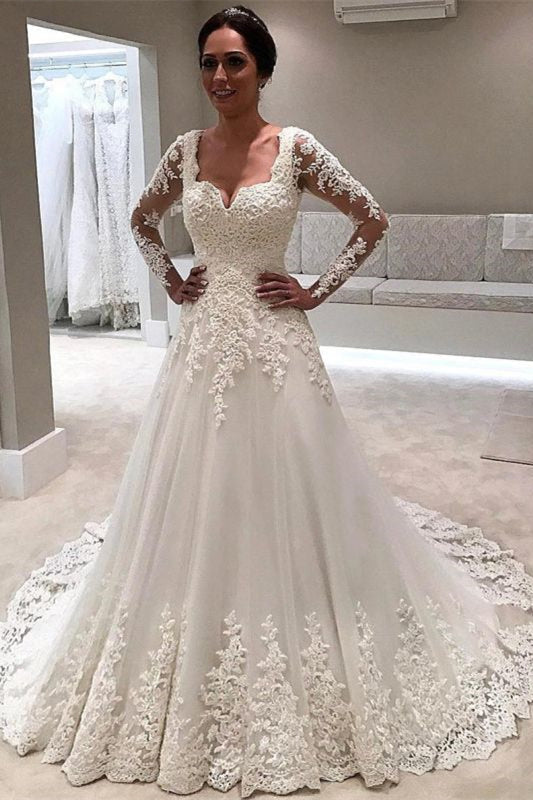 A-Line Long Sleeves Lace Appliques Wedding Dress-BallBride