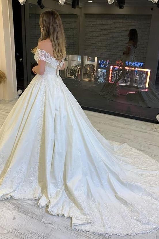 A-Line Off-the-Shoulder Backless Train Wedding Dress with Appliques Lace-BallBride