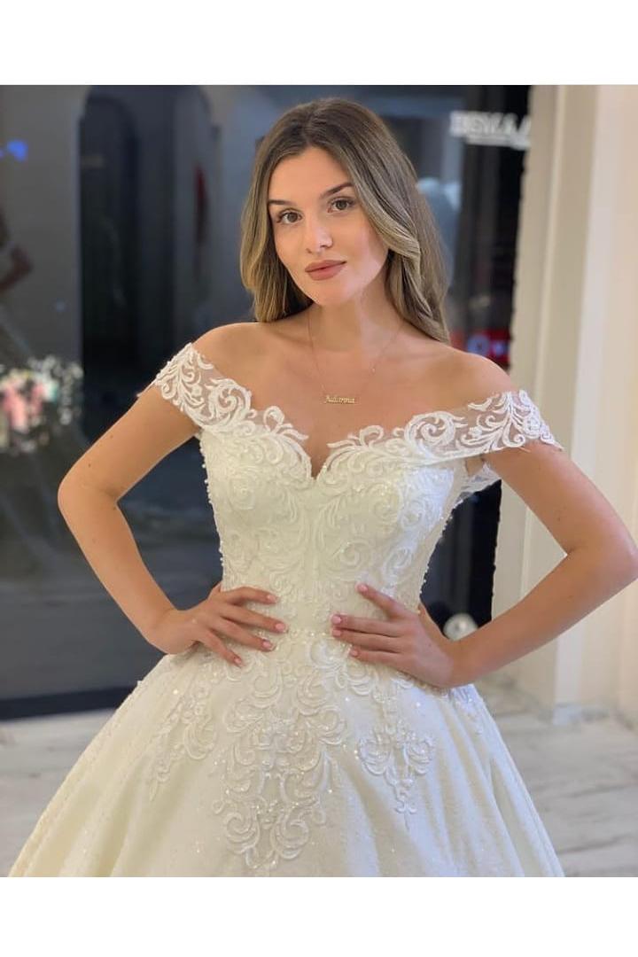 A-Line Off-the-Shoulder Backless Train Wedding Dress with Appliques Lace-BallBride