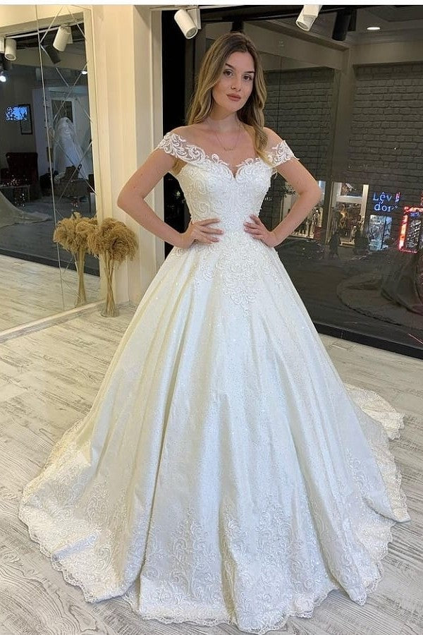 A-Line Off-the-Shoulder Backless Train Wedding Dress with Appliques Lace-BallBride