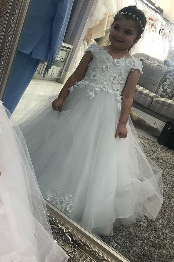 A-line Off the Shoulder Flower Girl Dress with Cap Sleeves Tulle Lace and Pearls Appliques-BallBride