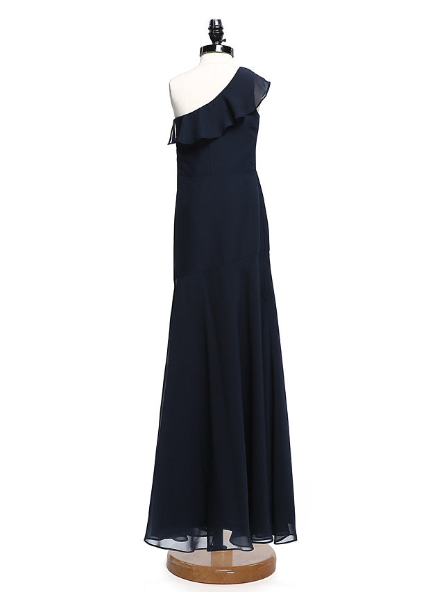 A-Line One Shoulder Floor Length Chiffon Junior Bridesmaid Dress with Ruffles for Natural Look-BallBride