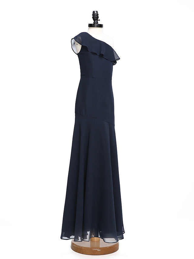 A-Line One Shoulder Floor Length Chiffon Junior Bridesmaid Dress with Ruffles for Natural Look-BallBride