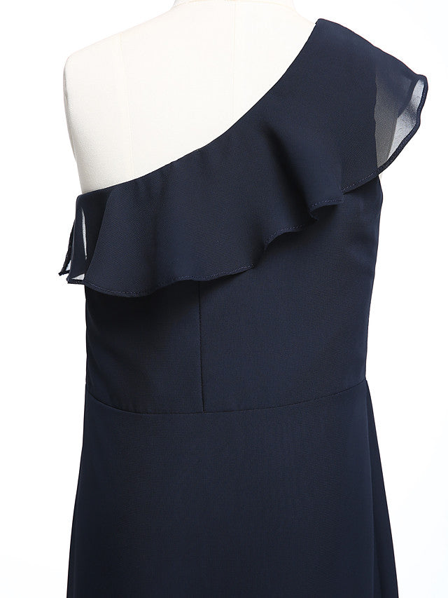 A-Line One Shoulder Floor Length Chiffon Junior Bridesmaid Dress with Ruffles for Natural Look-BallBride
