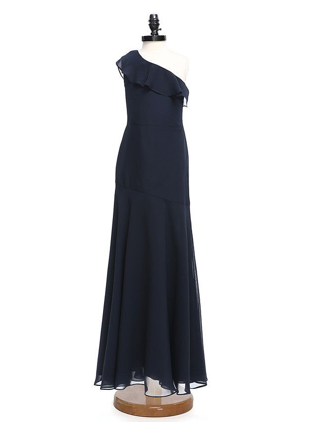 A-Line One Shoulder Floor Length Chiffon Junior Bridesmaid Dress with Ruffles for Natural Look-BallBride