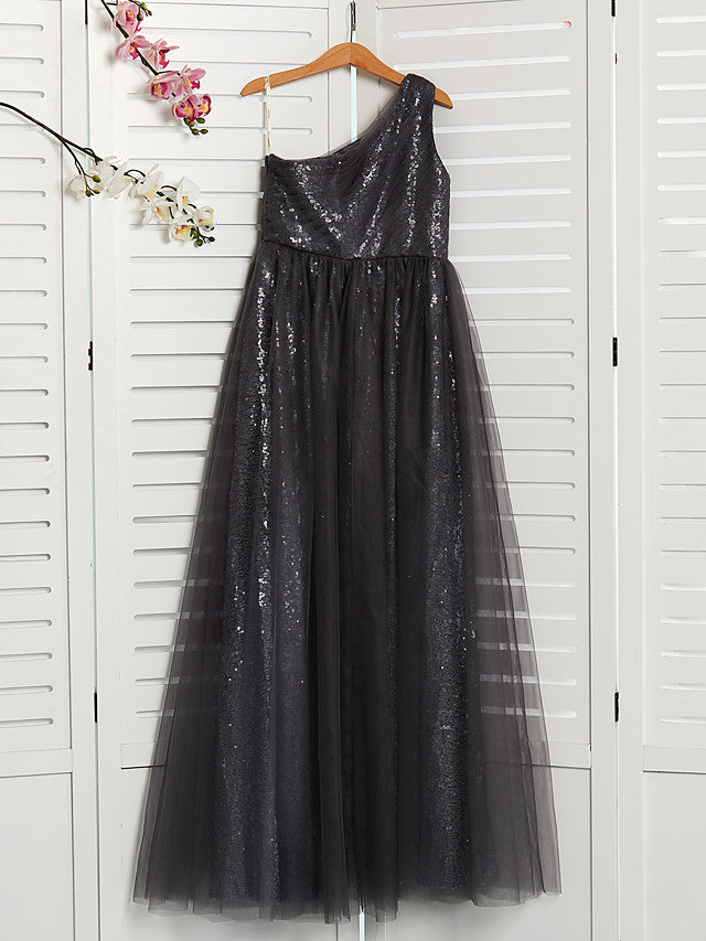 A-Line One Shoulder Flower Girl Dress Maxi Tulle with Beading-BallBride