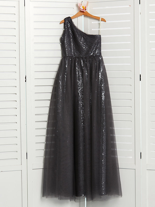 A-Line One Shoulder Flower Girl Dress Maxi Tulle with Beading-BallBride
