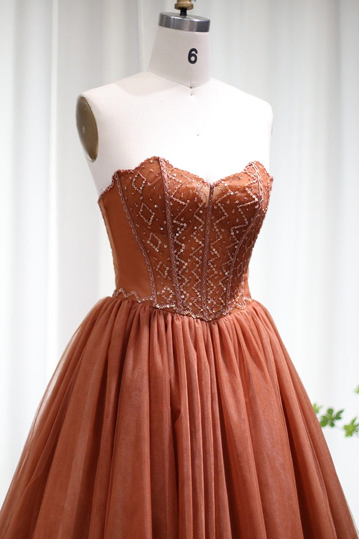 A Line Prom Dress - Strapless Tulle Floor Length with Appliques-BallBride