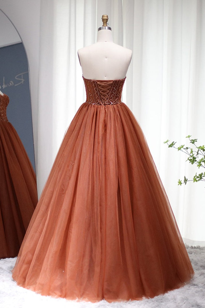 A Line Prom Dress - Strapless Tulle Floor Length with Appliques-BallBride