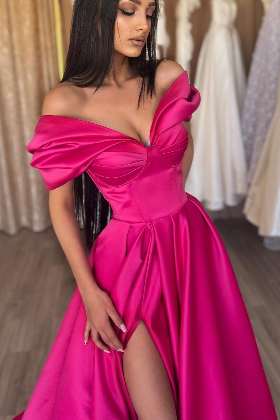 A-Line Prom Dress with Fuchsia Portrait and Split Detail-BallBride
