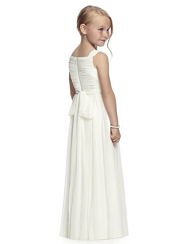 A-Line Round Neck Chiffon Junior Bridesmaid Dress With Side Draping for First Communion-BallBride
