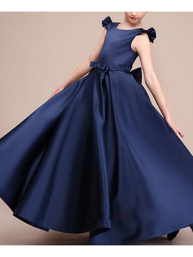 A-Line Round Neck Satin Junior Bridesmaid Dress with Bows & Ruffles-BallBride