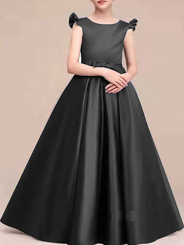 A-Line Round Neck Satin Junior Bridesmaid Dress with Bows & Ruffles-BallBride