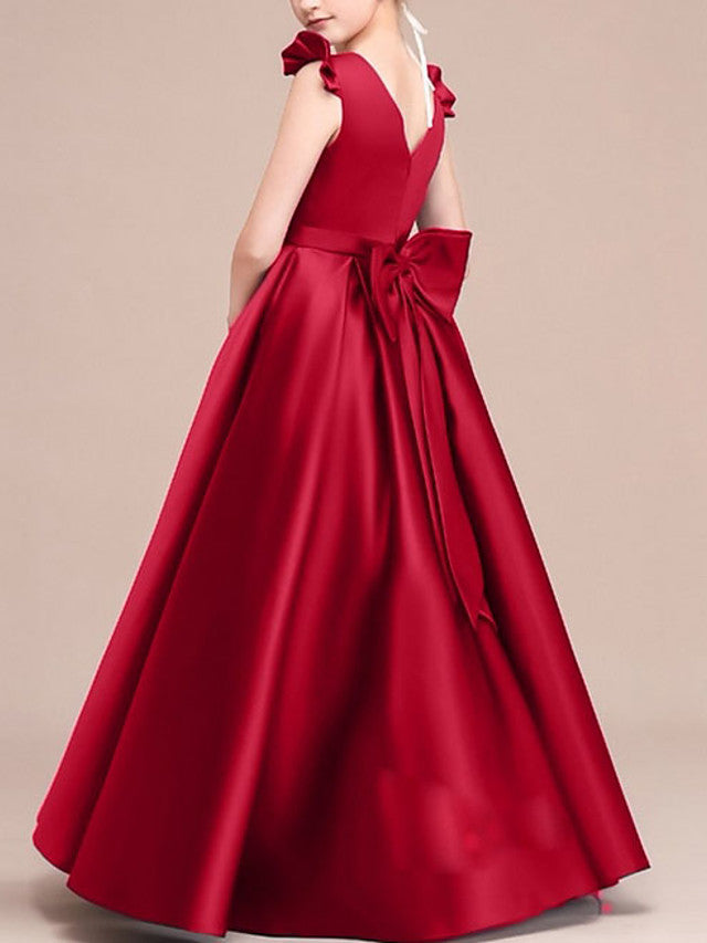 A-Line Round Neck Satin Junior Bridesmaid Dress with Bows & Ruffles-BallBride
