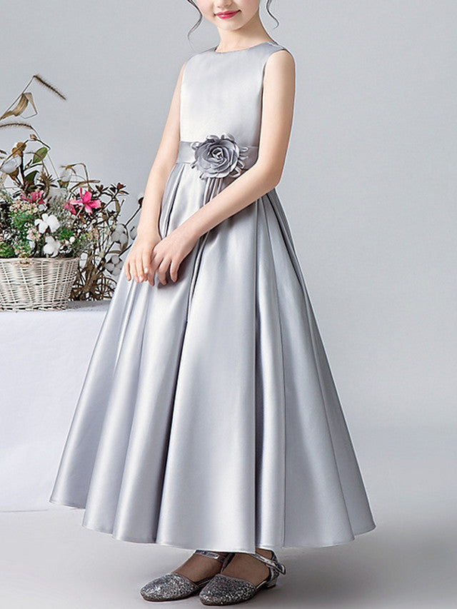 A-Line Satin Flower Girl Dress With Pleats and Appliques-BallBride