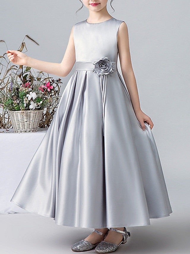 A-Line Satin Flower Girl Dress With Pleats and Appliques-BallBride