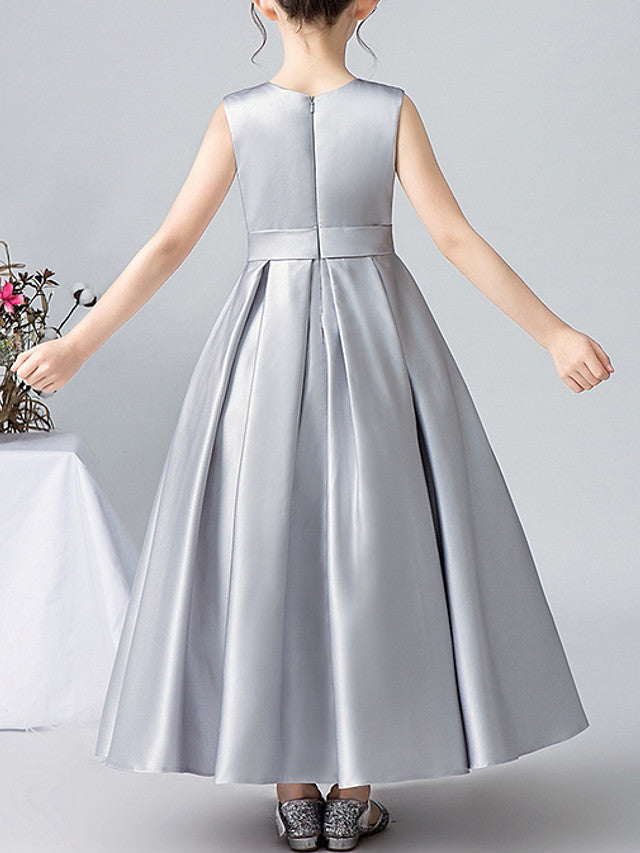 A-Line Satin Flower Girl Dress With Pleats and Appliques-BallBride
