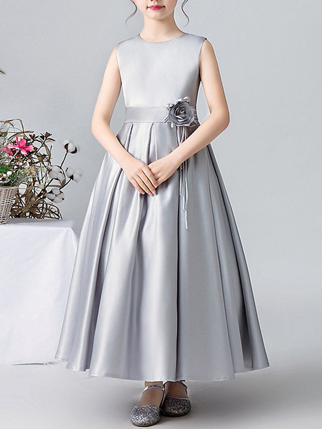 A-Line Satin Flower Girl Dress With Pleats and Appliques-BallBride