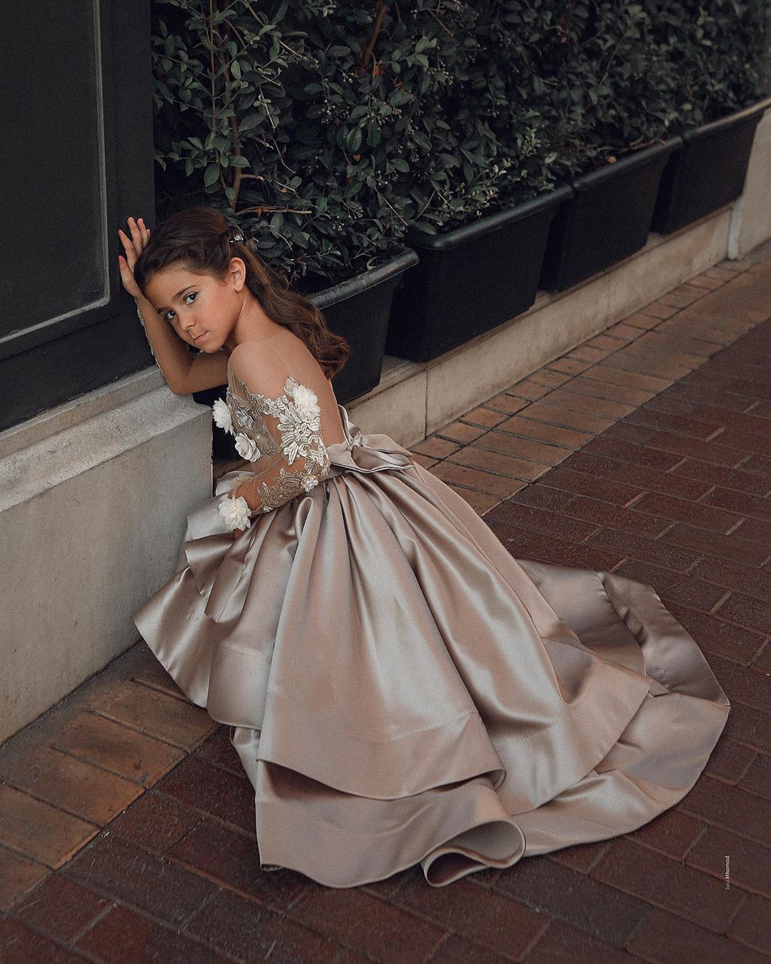 A-line Satin Hi-Lo Flower Girl Dress with Lace Appliques Bow & Pearls-BallBride
