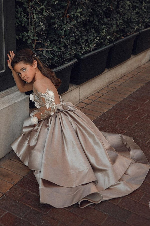 A-line Satin Hi-Lo Flower Girl Dress with Lace Appliques Bow & Pearls-BallBride