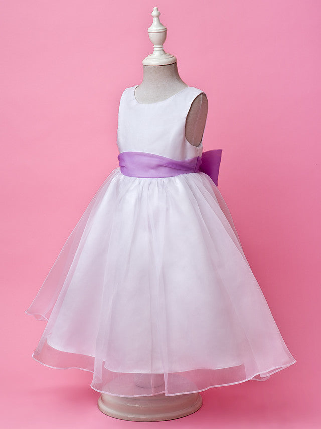 A-Line Satin Sleeveless Jewel Flower Girl Dress with Buttons-BallBride