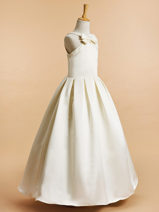 A-Line Satin Sleeveless V Neck Flower Girl Dresses with Bow-BallBride