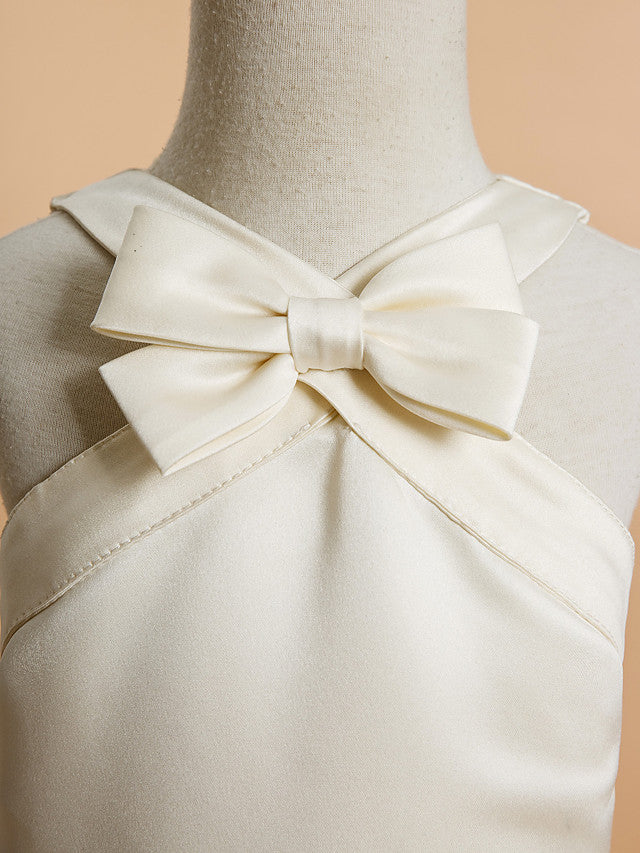 A-Line Satin Sleeveless V Neck Flower Girl Dresses with Bow-BallBride