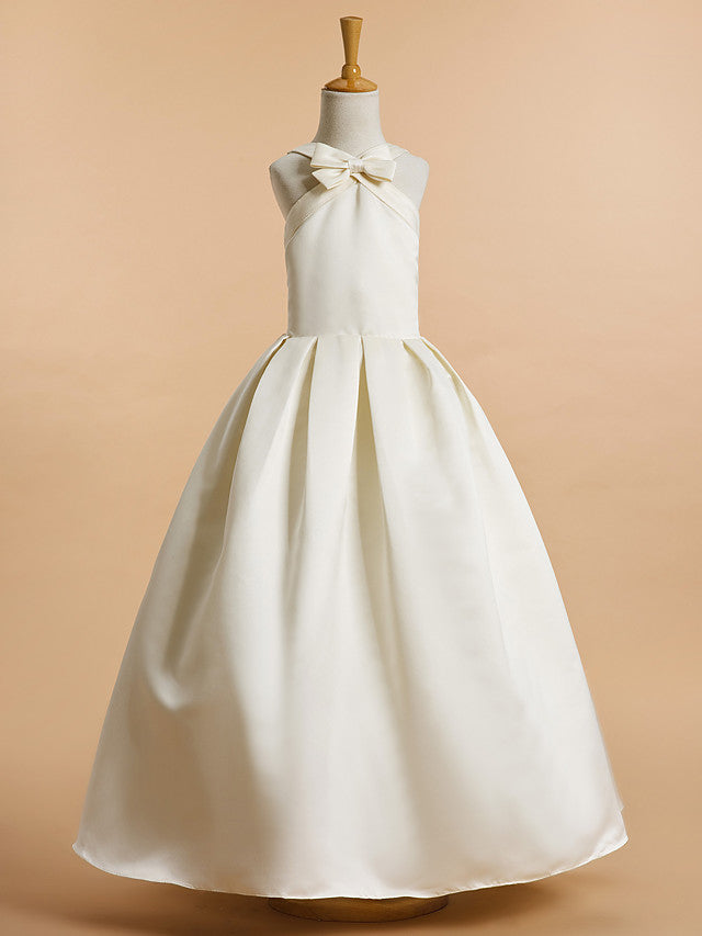A-Line Satin Sleeveless V Neck Flower Girl Dresses with Bow-BallBride