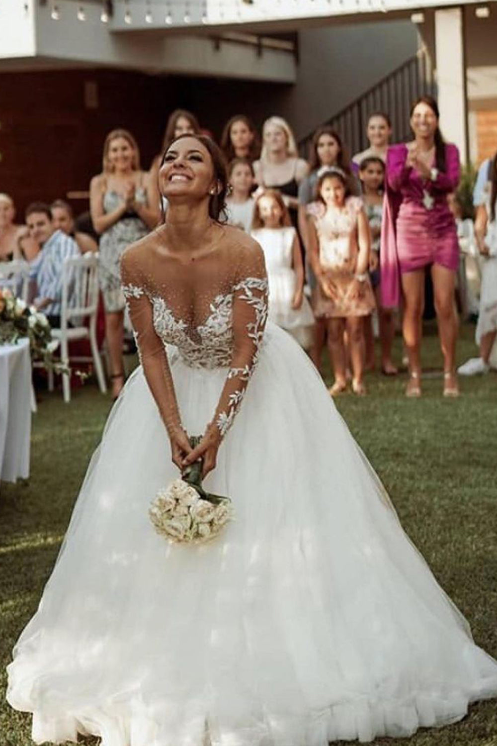A-line Sheer Wedding Dress with Tulle Lace - Long Sleeves-BallBride