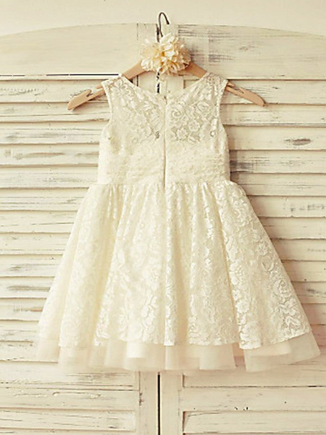 A-Line Short Sleeve Crew Neck Flower Girl Dress with Lace Tulle and Pleats-BallBride
