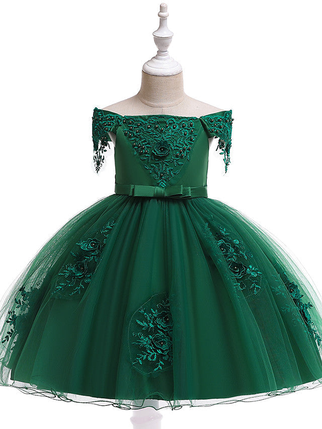 A-Line Short Sleeve Off Shoulder Flower Girl Dress with Petal Sash Ribbon Trim-BallBride