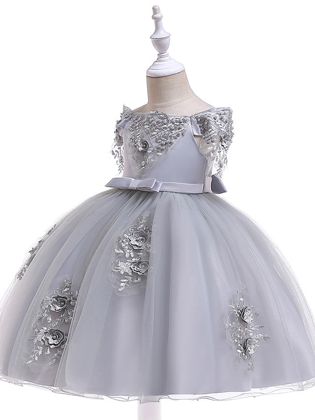 A-Line Short Sleeve Off Shoulder Flower Girl Dress with Petal Sash Ribbon Trim-BallBride