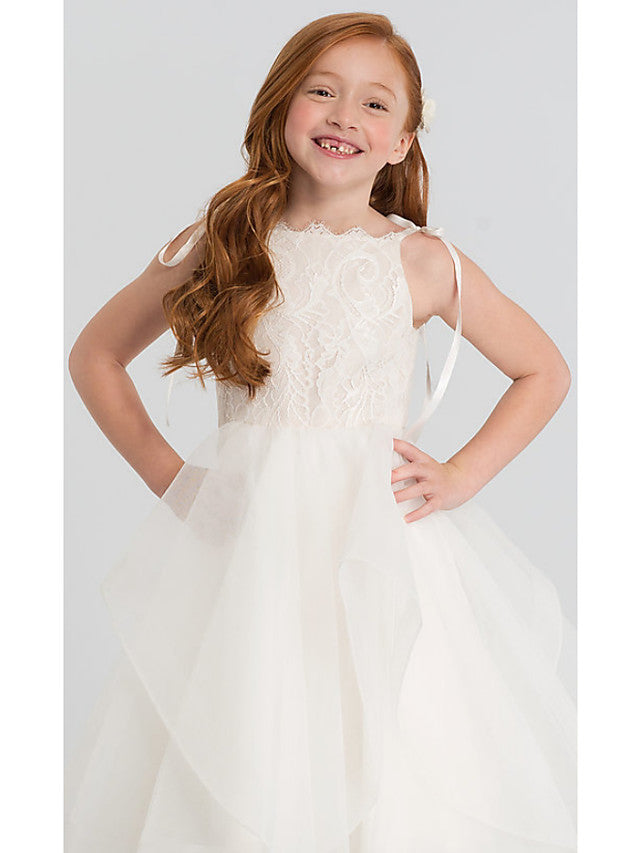 A-Line Sleeveless Scalloped Neckline Flower Girl Dresses with Lace Satin Tulle and Tier Solid-BallBride