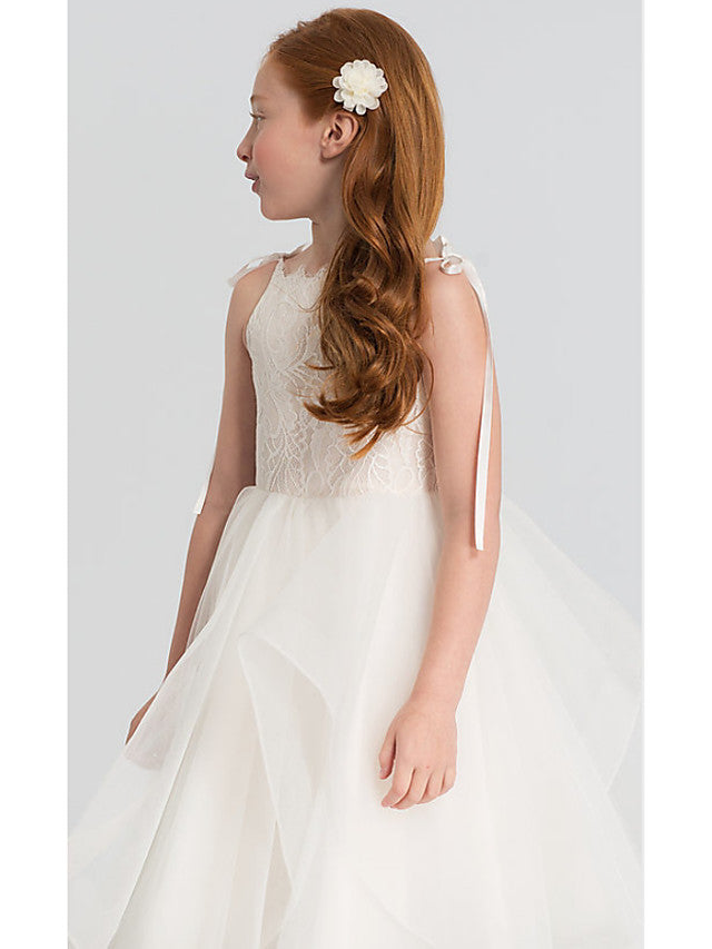 A-Line Sleeveless Scalloped Neckline Flower Girl Dresses with Lace Satin Tulle and Tier Solid-BallBride