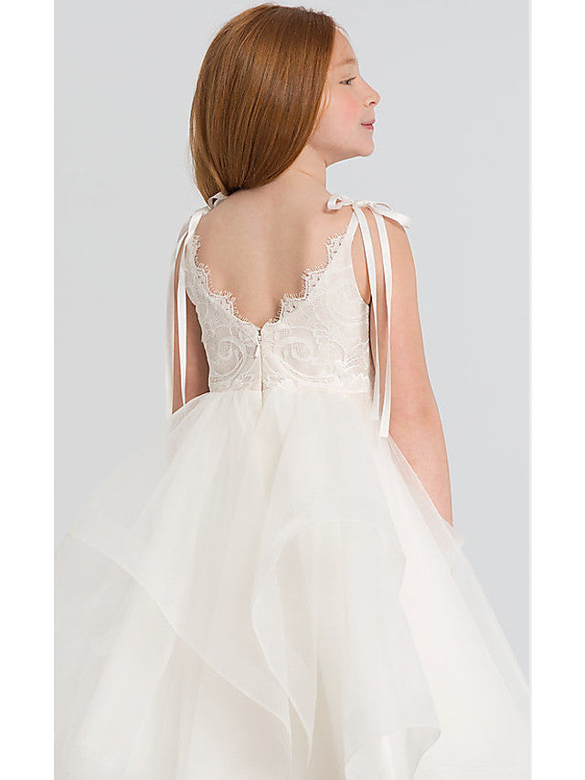 A-Line Sleeveless Scalloped Neckline Flower Girl Dresses with Lace Satin Tulle and Tier Solid-BallBride