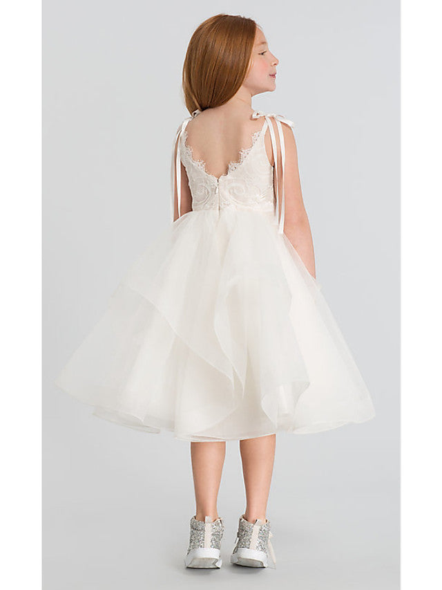 A-Line Sleeveless Scalloped Neckline Flower Girl Dresses with Lace Satin Tulle and Tier Solid-BallBride