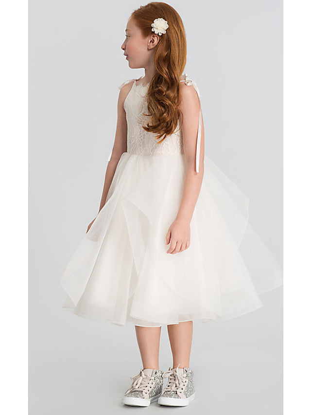 A-Line Sleeveless Scalloped Neckline Flower Girl Dresses with Lace Satin Tulle and Tier Solid-BallBride