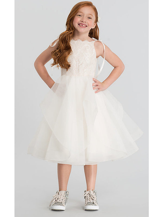 A-Line Sleeveless Scalloped Neckline Flower Girl Dresses with Lace Satin Tulle and Tier Solid-BallBride