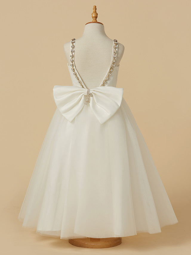 A-Line Sleeveless Straps Ankle Length Flower Girl Dress with Bow Beading and Lace Tulle-BallBride