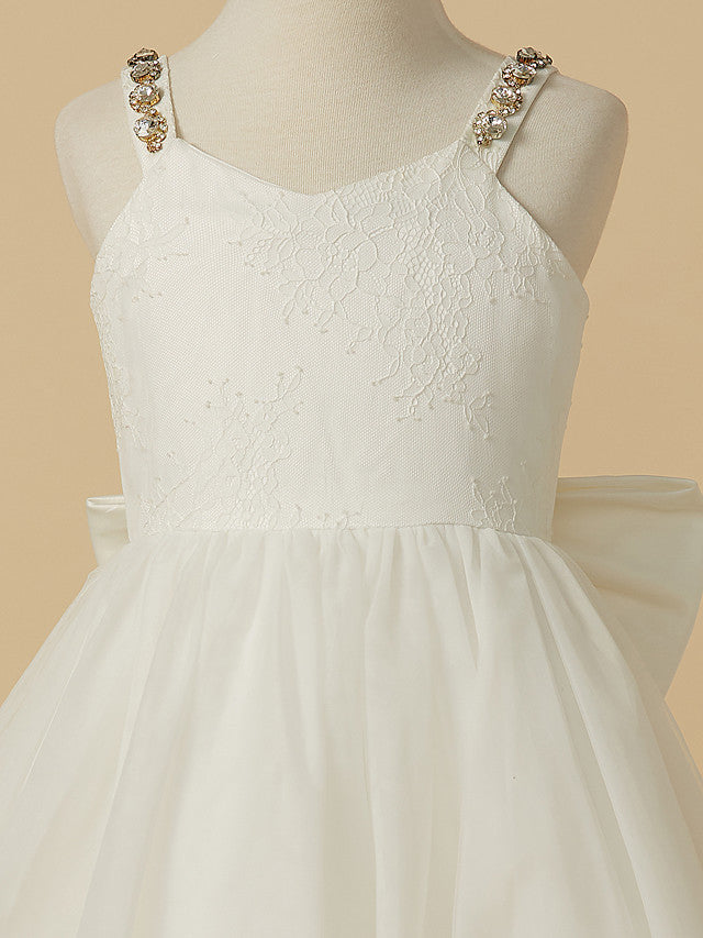 A-Line Sleeveless Straps Ankle Length Flower Girl Dress with Bow Beading and Lace Tulle-BallBride