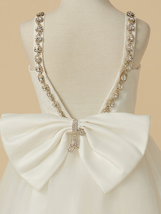A-Line Sleeveless Straps Ankle Length Flower Girl Dress with Bow Beading and Lace Tulle-BallBride