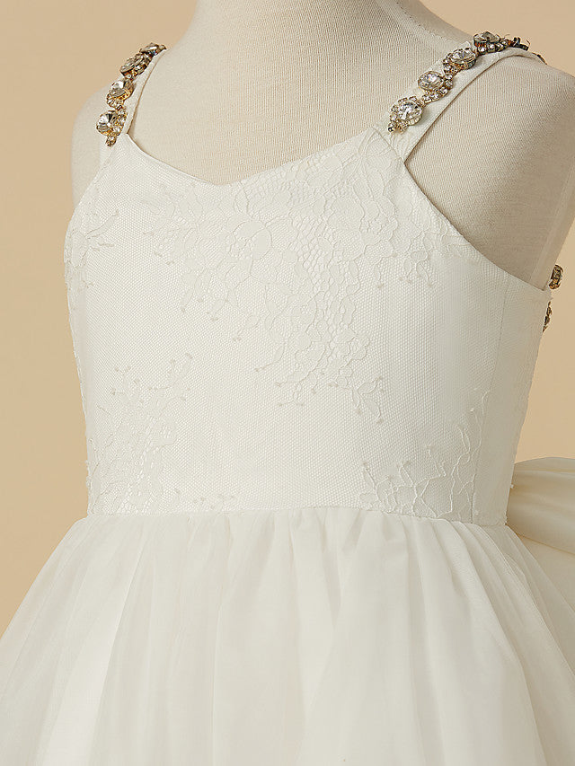 A-Line Sleeveless Straps Ankle Length Flower Girl Dress with Bow Beading and Lace Tulle-BallBride