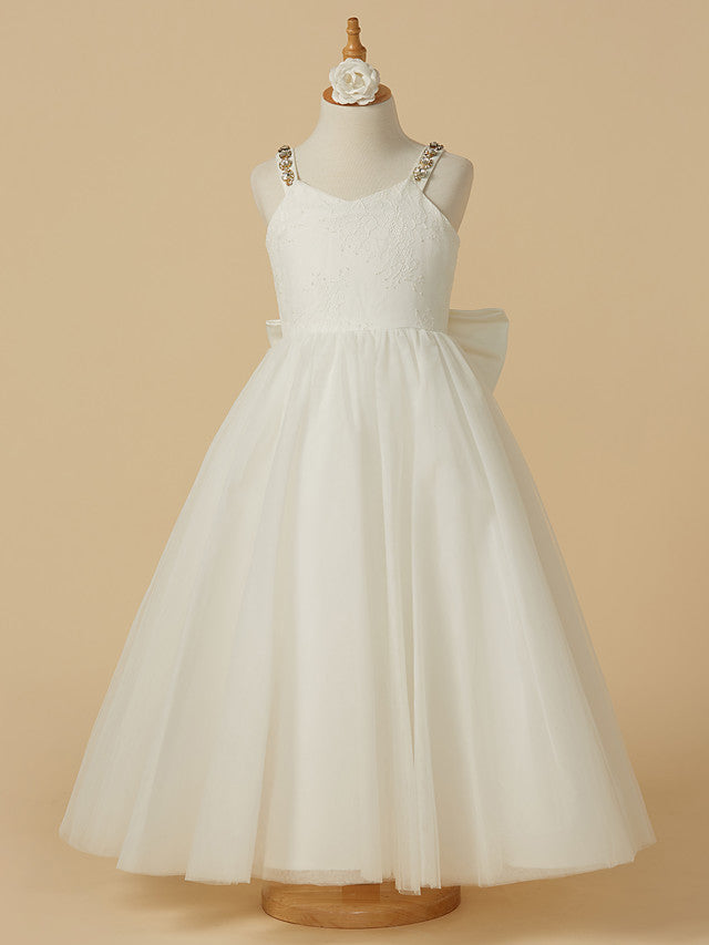 A-Line Sleeveless Straps Ankle Length Flower Girl Dress with Bow Beading and Lace Tulle-BallBride