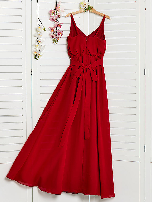 A-Line Spaghetti Strap Floor Length Chiffon Junior Bridesmaid Dress with Sash Ribbon and Ruching-BallBride