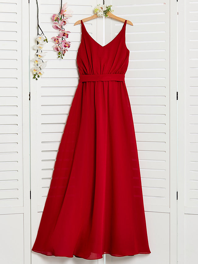 A-Line Spaghetti Strap Floor Length Chiffon Junior Bridesmaid Dress with Sash Ribbon and Ruching-BallBride