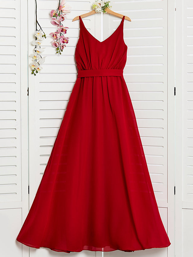 A-Line Spaghetti Strap Floor Length Chiffon Junior Bridesmaid Dress with Sash Ribbon and Ruching-BallBride