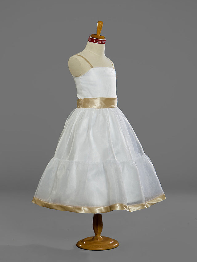 A-Line Spaghetti Strap Tea Length Organza Princess Junior Bridesmaid Dress With Sash / Ribbon for Spring / Summer / Fall / Winter / Apple-BallBride